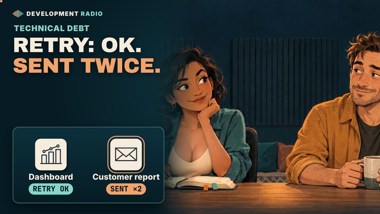 “Retry: OK. Sent twice.” The dashboard shows the retry succeeded while the customer's report was sent twice. Maya and Alex in the Development Radio studio.