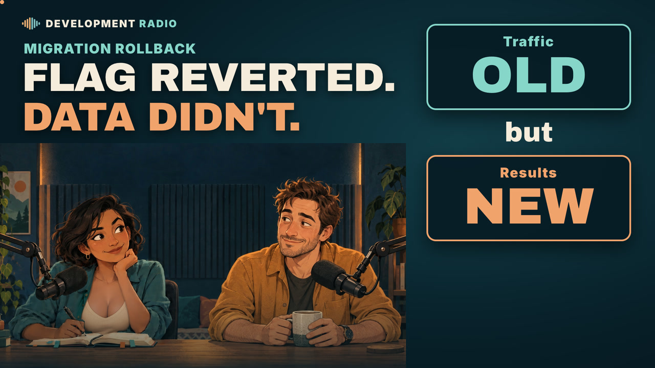 “Flag reverted. Data didn't.” Traffic is back on the old path, but the new engine's results remain. Maya and Alex in the Development Radio studio.