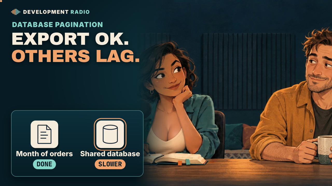 “Export OK. Others lag.” A month-of-orders report finishes while the shared database slows other reports. Maya and Alex in the Development Radio studio.