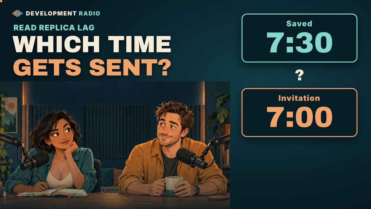 “Which time gets sent?” The saved time says 7:30 while the invitation preview still says 7:00. Maya and Alex in the Development Radio studio.