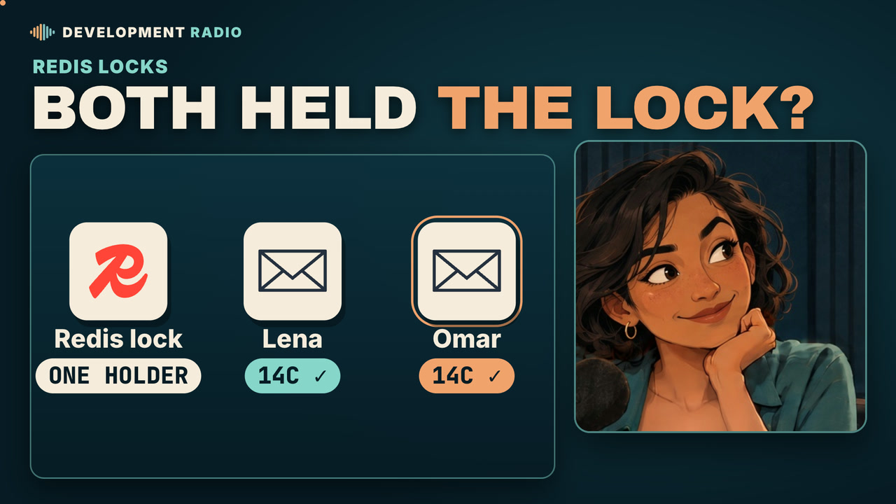 “Both held the lock?” A Redis lock beside two confirmation emails, Lena's and Omar's, both for seat 14C. Maya reacts in the Development Radio studio.