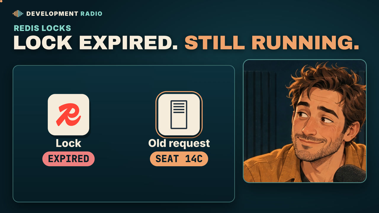 “Lock expired. Still running.” The Redis lock has expired while the old request for seat 14C is still running. Alex reacts in the Development Radio studio.
