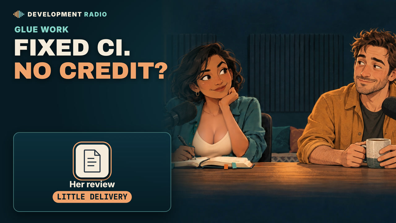 “Fixed CI. No credit?” Her review shows little delivery after she fixed the CI merge gate. Maya and Alex in the Development Radio studio.