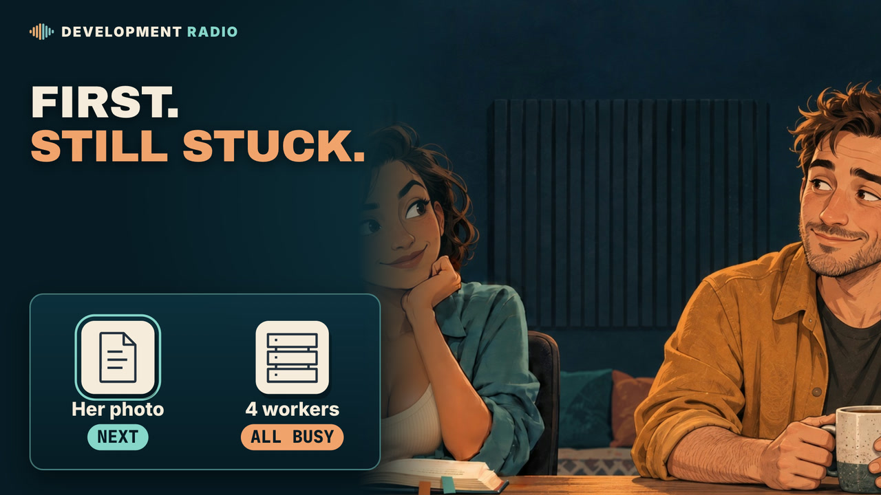 “First. Still stuck.” Her photo is next in the queue while all four workers are busy. Maya and Alex in the Development Radio studio.